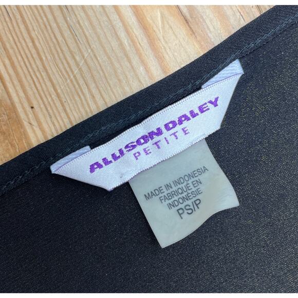 ALLISON DALEY Womens Size Petite Small Black Gold Script Shiny Dressy Top - Picture 6 of 8